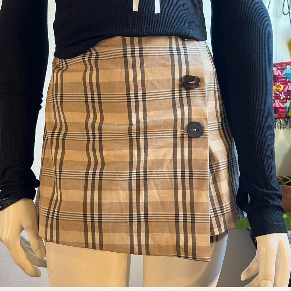 Mango Checkered Tan Mini Skirt